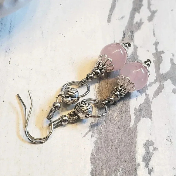 Pink Rose Quartz Lacy Trim Silver Carved Rose Handcrafted Earrings - Picture 2 of 10